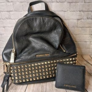 Michael Kors Rhea Gold Studded Zip Backpack + wallet